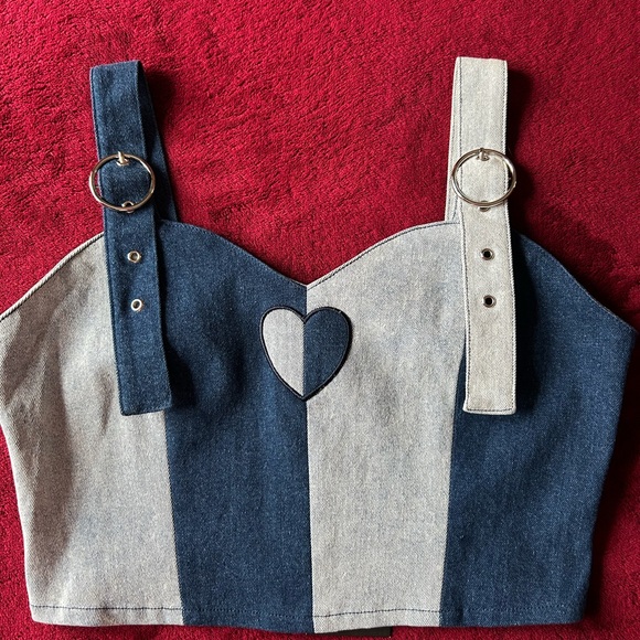 Lazy Oaf Tops - Lazy Oaf Two-Tone Blue Denim Bustier Top